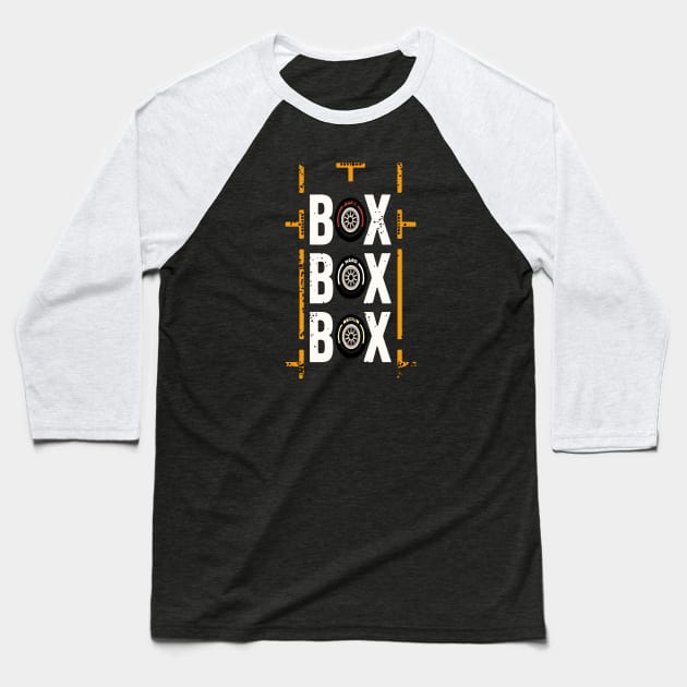 "Box Box Box" F1 Tyre Baseball T-Shirt by Lamink